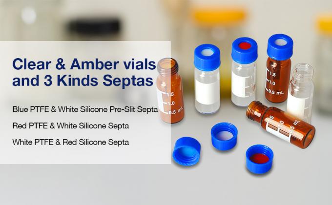 قناني عينة ذاتية 2 مل مع منطقة الكتابة والتخرجات، 9-425 HPLC، غطاء المسمار، بيضاء PTFE والأحمر سيلكون سيبتا 2