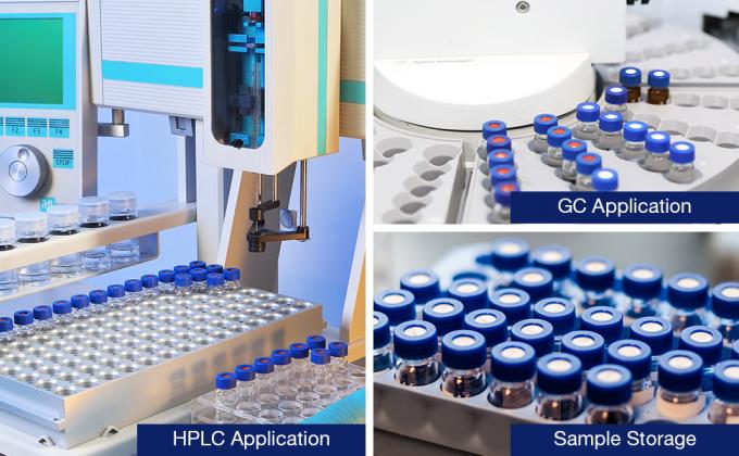 قناني عينة ذاتية 2 مل مع منطقة الكتابة والتخرجات، 9-425 HPLC، غطاء المسمار، بيضاء PTFE والأحمر سيلكون سيبتا 3