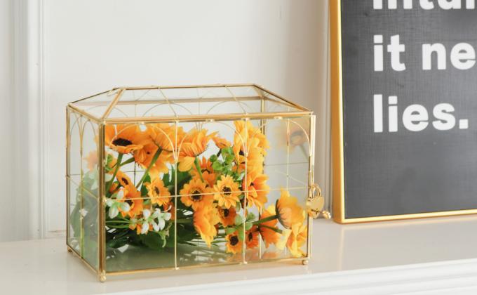 صندوق بطاقات الزفاف الزجاجي مع فتحة، صندوق بطاقات كبيرة واضحة ذهبية النحاس بطاقة هدية صندوق تخزين مع قفل للزفاف 0