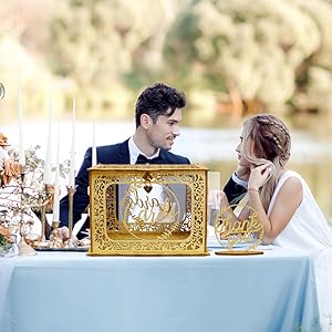 حامل صندوق نقود الزفاف مع علامة، كبير خشب روستيكي خشب DIY غلاف بطاقة هدية صناديق الظل مع فتحة القفل 5