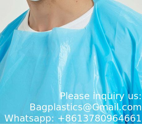 عازلة للماء حلقات الإبهام المستخدمة لمرة واحدة الحماية CPE البلاستيكي ثوب المستشفى الجراحية الطبية ثوب CPE المستخدمة لمرة واحدة