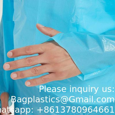 عازلة للماء حلقات الإبهام المستخدمة لمرة واحدة الحماية CPE البلاستيكي ثوب المستشفى الجراحية الطبية ثوب CPE المستخدمة لمرة واحدة