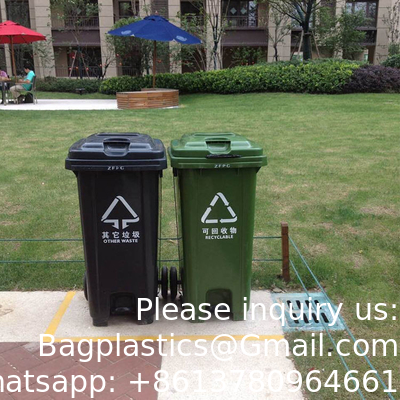 علبة الغبار العجلة القمامة 25L / 70L / 100L / 120L / 240L / 360L / 660L / 1100L بطاء القدمين البلاستيكية علبة الغبار قمامة القمامة