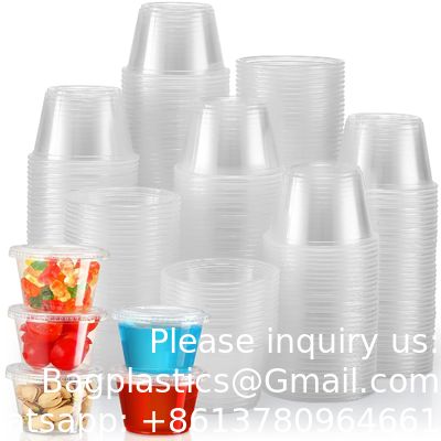 أكواب الحصص مع أغطية، حاويات بلاستيكية صغيرة مع أغطية، أكواب صوفل قابلة للترتيب الصلبة، أكواب شوت الهلام، الصلصة