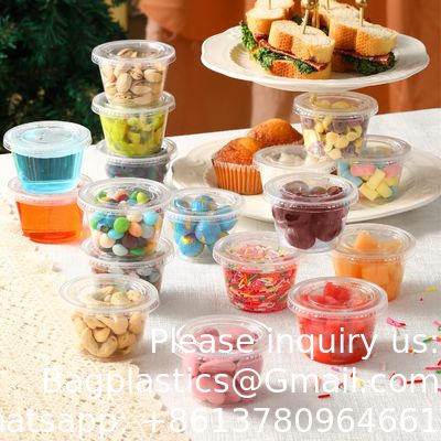 أكواب الحصص مع أغطية، حاويات بلاستيكية صغيرة مع أغطية، أكواب صوفل قابلة للترتيب الصلبة، أكواب شوت الهلام، الصلصة