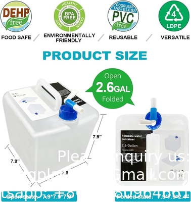 حاوية المياه 2.6 جالون خالية من BPA، حاويات تخزين المياه للطوارئ مع الصمام، وعاء التخزين المحمول القابل للطي