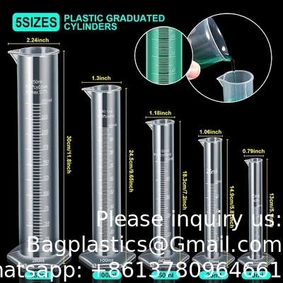 أسطوانات بلاستيكية متدرجة وأوعية بلاستيكية، أسطوانات بلاستيكية متدرجة 10ml 25ml 50ml 100ml 250ml &amp; 5pcs
