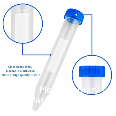 أنابيب الطرد المركزي المخروطية 15mL، أنابيب اختبار بلاستيكية معقمة مع غطاء المسمار، حاوية البولي بروبلين مع الدراسات العليا