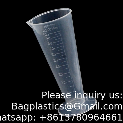 100 مل كأس قياسية بلاستيكية متدرجة سعة كأس شكل مخروط قاعدة مستديرة مختبرات مطبخ واضح