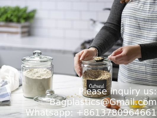 أوعية الكوكيز الزجاجية الملصقات العلامة غليون علبة مجموعات لمعداد المطبخ مع أغطية محكمة الهواء، حامل حزمة السكر