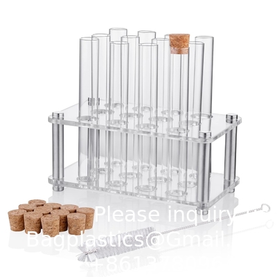 التجارب العلمية 12Pcs 20x150mm أنابيب اختبار الزجاج مع أغطية سدادة 1 رف من المواد الأكريلية