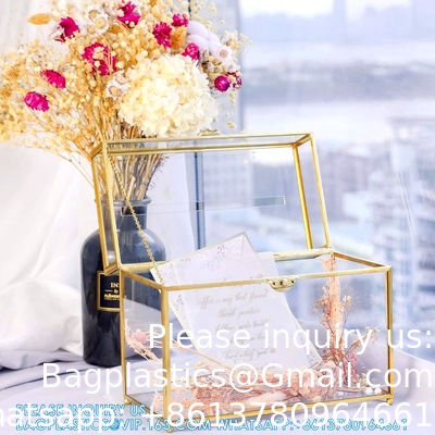 صندوق بطاقات الزفاف الزجاجي مع فتحة، صندوق بطاقات واضحة ذهب النحاس بطاقة هدية صندوق تخزين مثالية للحفلات الزفافية