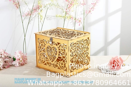 حامل صندوق نقود الزفاف مع علامة، كبير خشب روستيكي خشب DIY غلاف بطاقة هدية صناديق الظل مع فتحة القفل