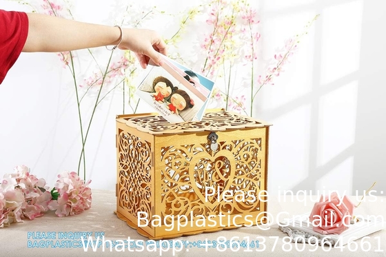 حامل صندوق نقود الزفاف مع علامة، كبير خشب روستيكي خشب DIY غلاف بطاقة هدية صناديق الظل مع فتحة القفل
