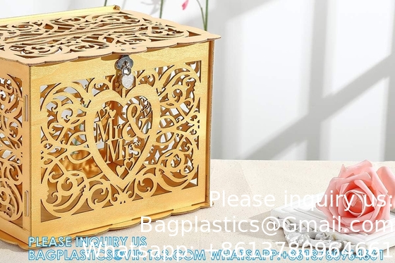 حامل صندوق نقود الزفاف مع علامة، كبير خشب روستيكي خشب DIY غلاف بطاقة هدية صناديق الظل مع فتحة القفل
