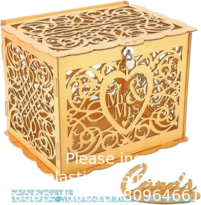 حامل صندوق نقود الزفاف مع علامة، كبير خشب روستيكي خشب DIY غلاف بطاقة هدية صناديق الظل مع فتحة القفل