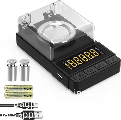 المقياس الرقمي 50g/0.001g، ومقياس Mg المدمج مع وزن معايرة 20g والإكسسوارات، ومقياس مسحوق أسود